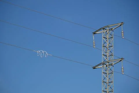 Coiled wire on power cables serving as a humane bird scarer next to a pylon A Foto stock