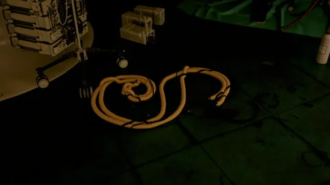 Coiled Yellow Cable on a Dark Floor in a Technical Environment Stock Footage 348695363