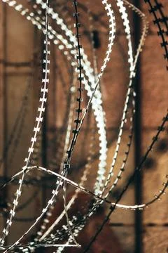 Coils of razor wire in selective focus Foto stock