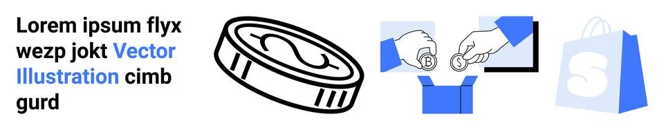 Coin and computer representing digital payments, a shopping bag, and secure t Stock Illustration