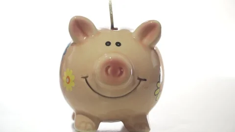 Coin being put into pig money box at white background Stock Footage 101876765