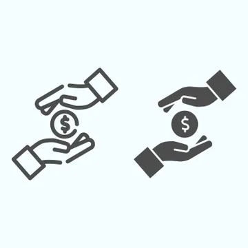 Coin between two hands line and solid icon. Coin in hands vector illustration Stock Illustration