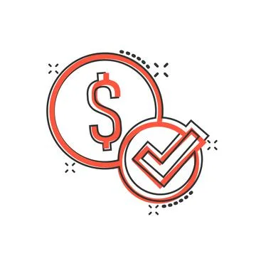 Coin check mark icon in comic style. Money approval cartoon vector illustrati Illustrazione stock