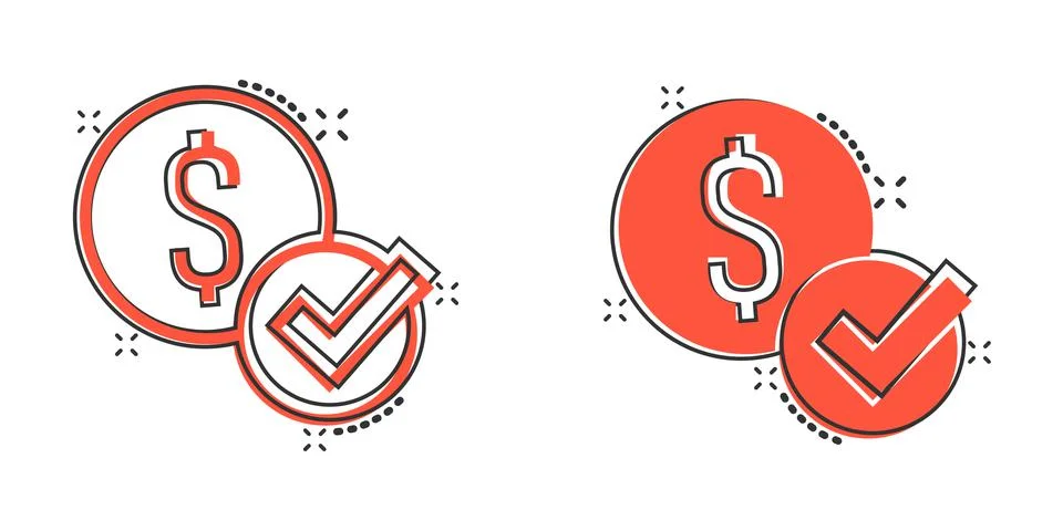 Coin check mark icon in comic style. Money approval cartoon vector illustrati Illustrazione stock