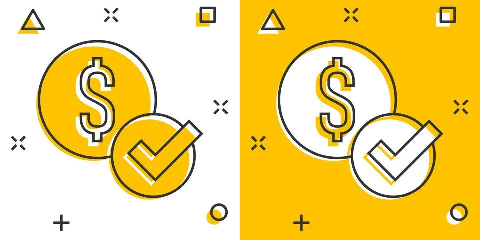Coin check mark icon in comic style. Money approval cartoon vector illustrati Illustrazione stock