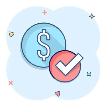 Coin check mark icon in comic style. Money approval cartoon vector illustrati Stockillustratie