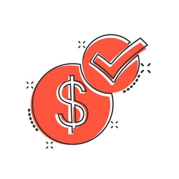 Coin check mark icon in comic style. Money approval cartoon vector illustra.. Illustrazione stock