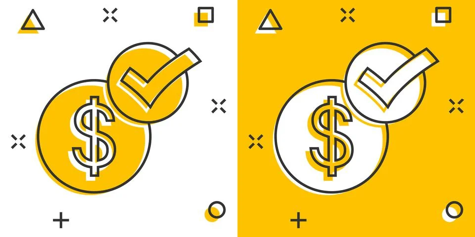 Coin check mark icon in comic style. Money approval cartoon vector illustra.. Stockillustratie