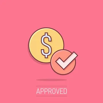 Coin check mark icon in comic style. Money approval cartoon vector illustra.. 库存插图