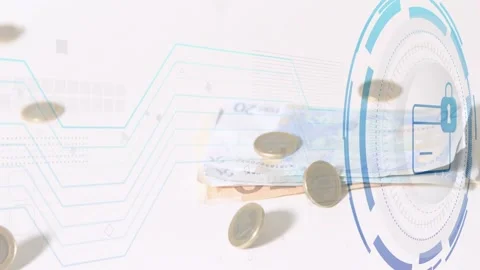 Coin closeup starting coins falling onto folded cash blue circuit sliding HUD 動画素材 328684821