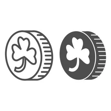 Coin with clover line and solid icon. Leprechauns gold lucky coin with four leaf Stock Illustration
