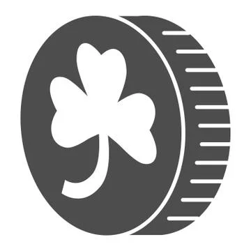 Coin with clover solid icon. Leprechauns gold lucky coins with four leaf glyph Stock Illustration