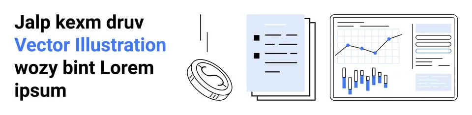 Coin, document, and chart with data points. Ideal for financial performance,  イラスト素材