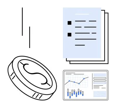 Coin, documents, and digital graph with data points and trends. Ideal for fin Illustrazione stock
