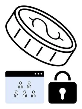 Coin with dollar sign, group interface, and padlock highlighting finance, cyb イラスト素材