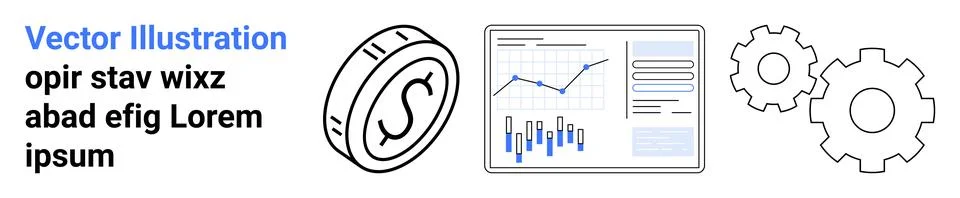 Coin with dollar symbol, analytics chart with graphs and statistics, two inte イラスト素材