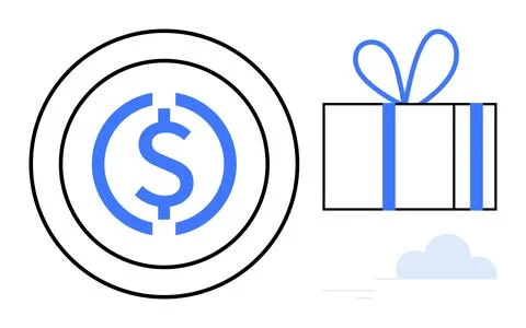 Coin with dollar symbol inside circle and gift box with blue ribbon. Ideal fo 스톡 일러스트