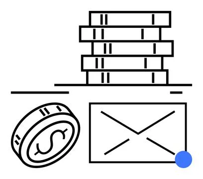 Coin, envelope, stack of database servers indicating integration of financial Stock Illustration