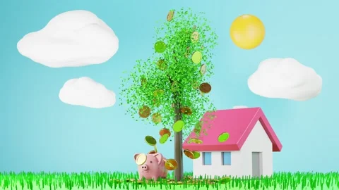 Coin falling from tree around model house and piggy bank, 3d render. 4K UHD Stock Footage 149565395