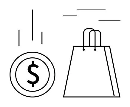 Coin featuring a dollar sign falling alongside an outlined shopping bag. Idea Stock Illustration