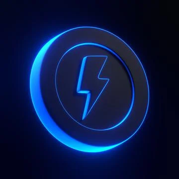 Coin featuring lightning bolt symbol with blue neon lights on black background Stock Illustration