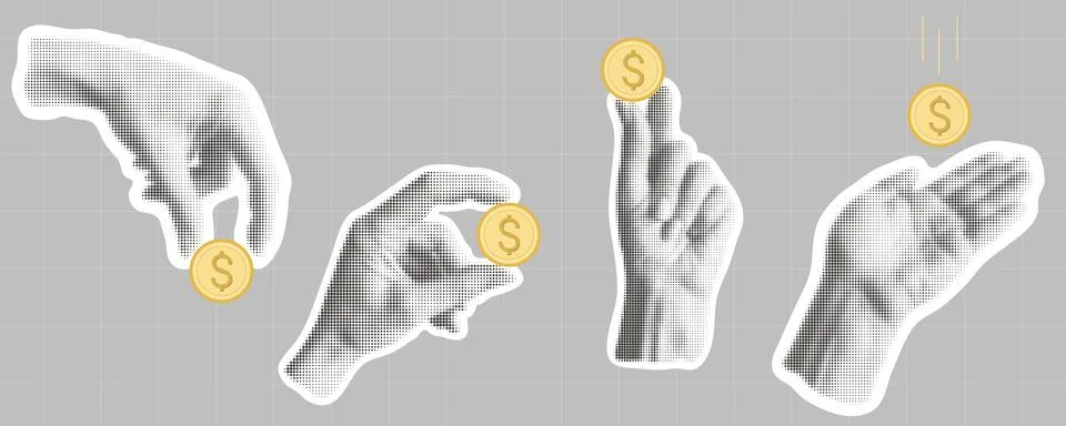 Coin in hand, halftone effect collage Stock Illustration