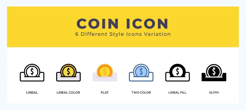 Coin icon set with different styles. Design elements for logo. Vector illus.. Stock Illustration