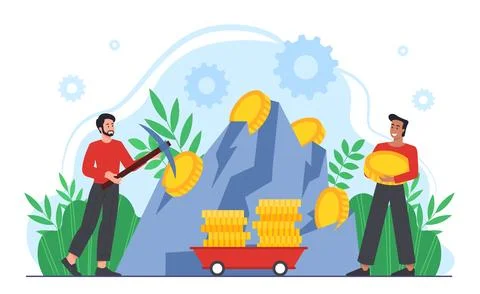 Coin mining with pickaxe and teamwork. Vector illustration Stock Illustration
