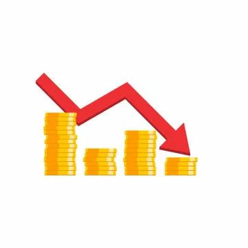 Coin price down graph, Many coins, Flat icon Stock Illustration
