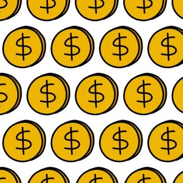 Coin seamless doodle pattern, vector color illustration Stock Illustration