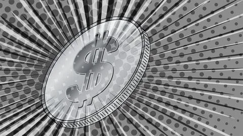 Coin with the sign of dollar USD styled for the 80s retro with rays in gray Stock Illustration