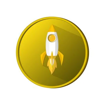 Coin space rocket launch model icon and flame. logo or banner Illustrazione stock