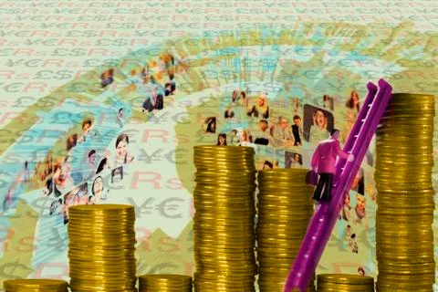 Coin stack with arrow, bar graph, man with ladder concept Stock Illustration