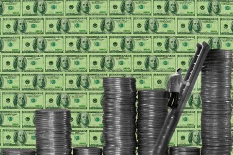 Coin stack with arrow, bar graph, man with ladder concept Stock Illustration