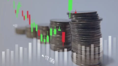 Coin Stack with Financial Graph Overlays and Market Data Elements Stock Footage 313507234