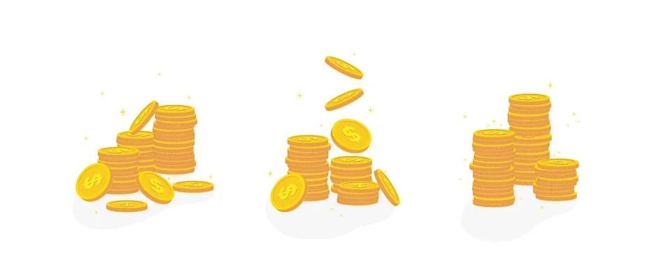 Coin stack. Golden stacks of dollar coins. Flat. Isolated Stock Illustration