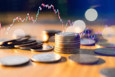 Coin stack graph candle stick stock market trade forex growth chart Stock Photos