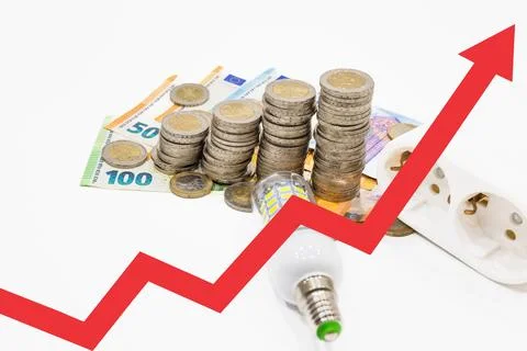 Coin stack with a growth chart. Electricity price growth. Growing electricity Stock Illustration