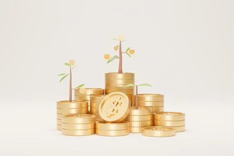 Coin stack growth with tree on white background. Growing saving concept. 3D Illustrazione stock