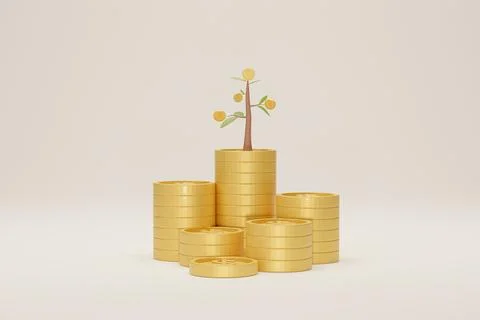 Coin stack growth with tree on white background. Growing saving concept. 3D i Stock Photos