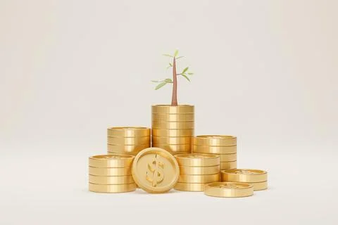 Coin stack growth with tree on white background. Growing saving concept. 3D i Stock Photos