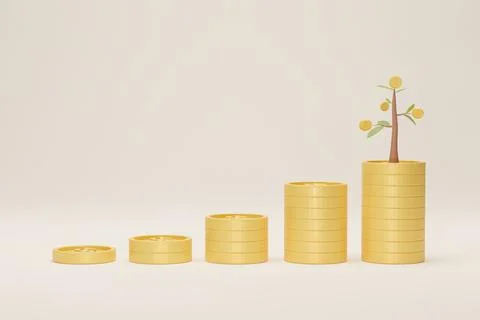 Coin stack growth with tree on white background. Growing saving concept. 3D i Stock Photos