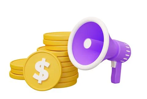 Coin stack megaphone speaker 3d render illustration in minimal cartoon styl.. 스톡 일러스트