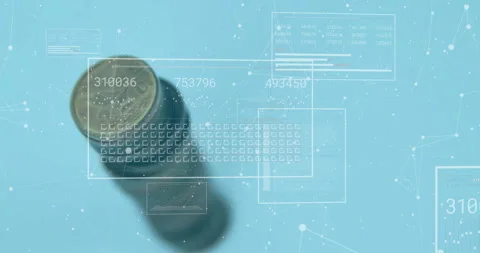 Coin stack on pale blue surface sparking overlays fading in during rotating Stock Footage 311884579
