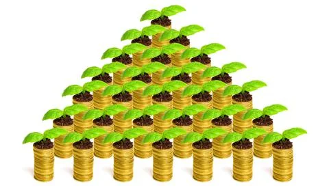Coin Stack Pyramid with Fresh Seedlings on Top Stockfoto's