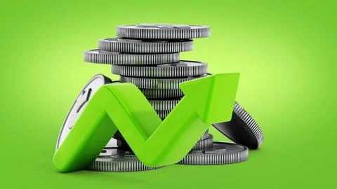 Coin stack with rising arrow isolated on green background. 3D illustration Stock Illustration