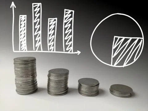Coin stack step down graph with bar and pie chart , Risk management business Foto stock