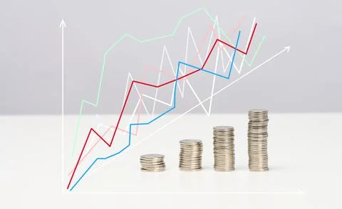 Coin stack step up graph with arrows. Stock Photos
