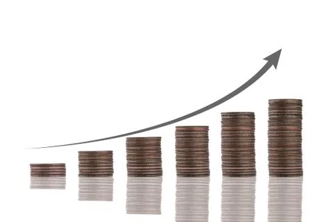 Coin stacking with virtual increase arrow on white background. Stock Photos