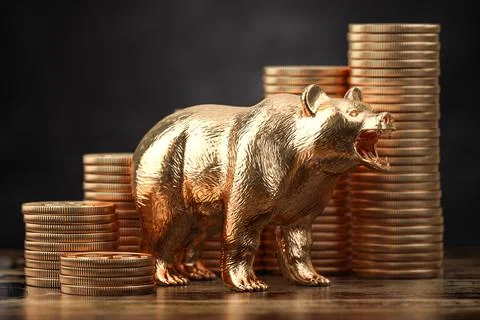 Coin stacks with bear on black background. Bearish stock exchange market conc イラスト素材